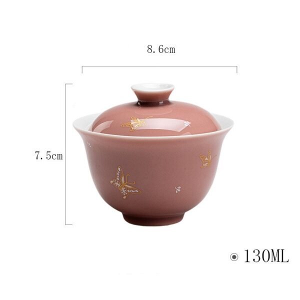 "Cowpea Red" Ceramic Lidded Bowl – Gilded Butterfly Gongfu Tea Set, Home Tea Bowl, Gold and Silver Inlaid Dancing Butterfly Lidded Bowl