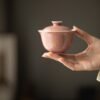"Cowpea Red" Ceramic Lidded Bowl – Gilded Butterfly Gongfu Tea Set, Home Tea Bowl, Gold and Silver Inlaid Dancing Butterfly Lidded Bowl