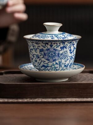 Luxury Fine China Blue-and-White "Three Talents" Lidded Bowl – High-End Suspension Tea Bowl with Lid, Ceramic Gongfu Tea Set