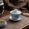 Luxury Fine China Blue-and-White "Three Talents" Lidded Bowl – High-End Suspension Tea Bowl with Lid, Ceramic Gongfu Tea Set